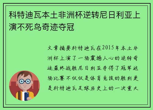 科特迪瓦本土非洲杯逆转尼日利亚上演不死鸟奇迹夺冠