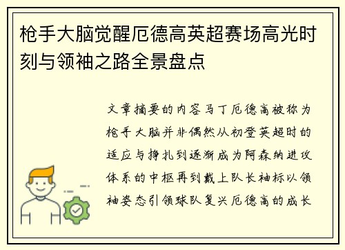 枪手大脑觉醒厄德高英超赛场高光时刻与领袖之路全景盘点